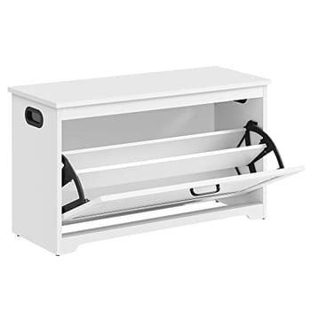 VASAGLE Banco para Sapatos, Armário para Calçados de Entrada com Porta Basculante, Divisória Interna Ajustável, Alças Laterais Vazadas, 80 x 30 x 46