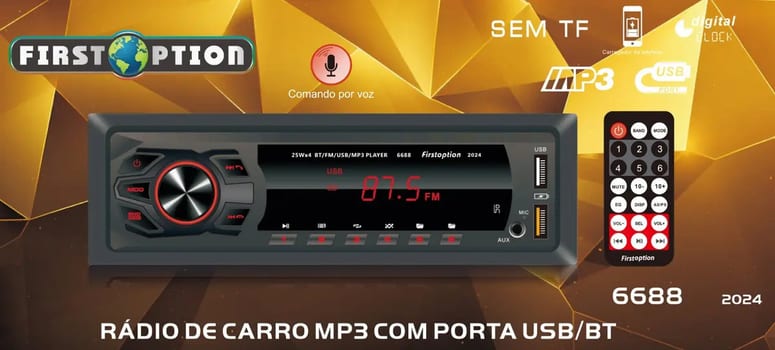 MP3 PLAYER FIRST OPTION 6688 2024 RADIO AUTOMOTIVO BLUETOOTH TOCA SOM CARRO 2 USB 1 DIN PENDRIVE