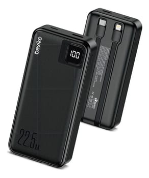 Power Bank Basike 20000mAh Preto, Carga Rápida 22.5W para iPhone e Samsung, Com Cabos Embutidos e Display
