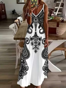 Vestidos de verão para mulheres, casual, boêmio, gola V, estampado, alças finas, vestido maxi para férias na praia, Preto, XGG