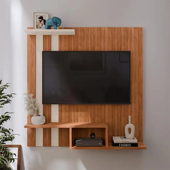 Estante painel home suspenso tv 32" sala cor Off white/Cedro