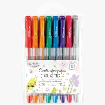 Caneta Esferográfica Gel com Glitter 1.0mm Blister com 8 Cores, BRW