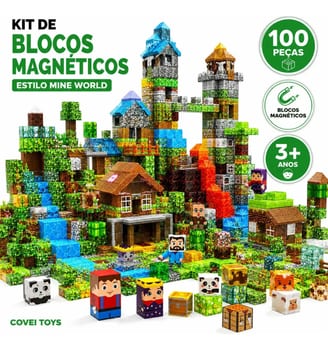 Kit 100 Blocos Imã Magnéticos Construção Montar Empilhamento Cubo Infantil Brinquedo Educativo Covei Toys