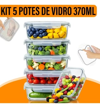 Kit 5 Potes Herméticos de Vidro Borossilicato Yab 370ml Retangular com Tampa Branca