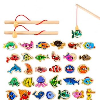 Pescaria Magnética de Madeira Infantil Educativa Montessori 30 peixinhoseixinhos Coloridos com 2 Varas Brinquedo Educativo