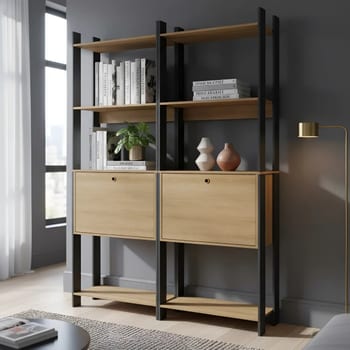 Kit 2 Estantes Para Livros 2 Portas 10 Prateleiras Estilo Industrial Lâmina Mel/preto - Brv Móveis