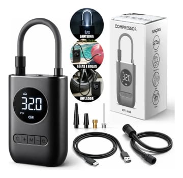 Mini Compressor de Ar Digital Portátil Recarregável USB-C Lumi para Pneus de Carro, Moto e Bicicleta Inflador Elétrico de Bolas e Infláveis Display