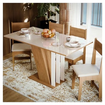 Conjunto de Sala de Jantar 4 Cadeiras Estofadas, Mesa Retangular para Cozinha com Tampo Mel e Off White
