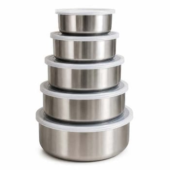 Jogo 5 Tigelas Inox  Bowls Potes Tampa Plástica Cozinha