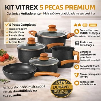 Jogo De Panelas Cerâmico Triplo Indução Vitrex Ecoglid 5 Peças Cor Preto Granito