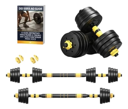 Kit Halteres 3 Em 1 Peso Musculação Até 40kg Ajustável Preto Kit Barras e Anilhas + E-book