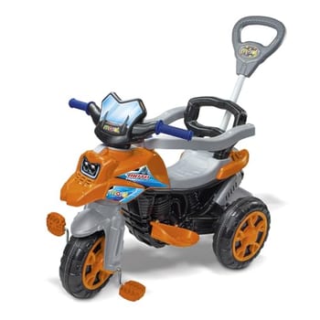 Maral Triciclo Moto Trail Infantil 2 em 1 – Passeio com Empurrador e Pedal Laranja, Estável e Divertido para Crianças