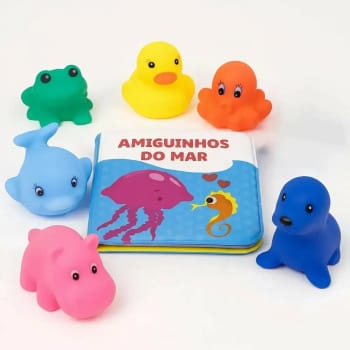 Kit Banho Bebê 6 Bichinhos + Livro De Banho Impermeável