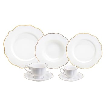 WOLFF - Aparelho de Jantar 42 Peças de Porcelana Maldivas Branco com Fio Dourado