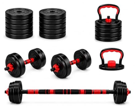 Kit Halteres Ajustável 15kg 6 em 1 com Barra, Kettlebell e Suporte para Flexões | Halter para Musculação, Academia em Casa, Treino Funcional, Preto