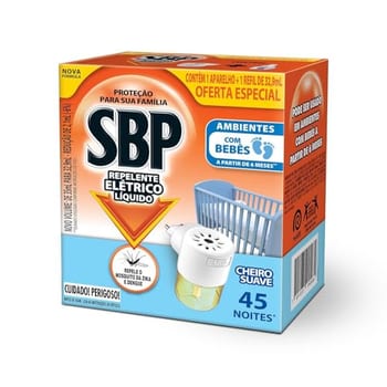 Repelente Elétrico Líquido SBP 45 Noites Cheiro Suave Novo Aparelho + Refil