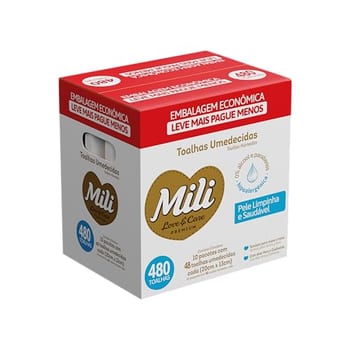 Mili Toalhas Umedecidas Love & Care Premium, Uso Bebê, Aloe Vera e Calêndula, Pack com 10 Pacotes (48 Unidades cada)