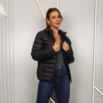 Jaqueta Feminina Puffer De Frio Nylon Capuz Impermeável
