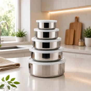 Conjunto 5 Potes Inox Redondos Com Tampas Herméticas