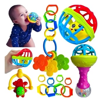 Kit Chocalho Mordedor Sensorial Para Bebê Coloridos 8 Peças Colorido Infantil