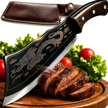 Faca Cutelo Dragão Artesanal Luxo Full Tang Rústica Ultra Afiada Aço Inox Com Bainha Churrasco Pesca Cozinha Carne Sushiman Cutelaria Coleção 12