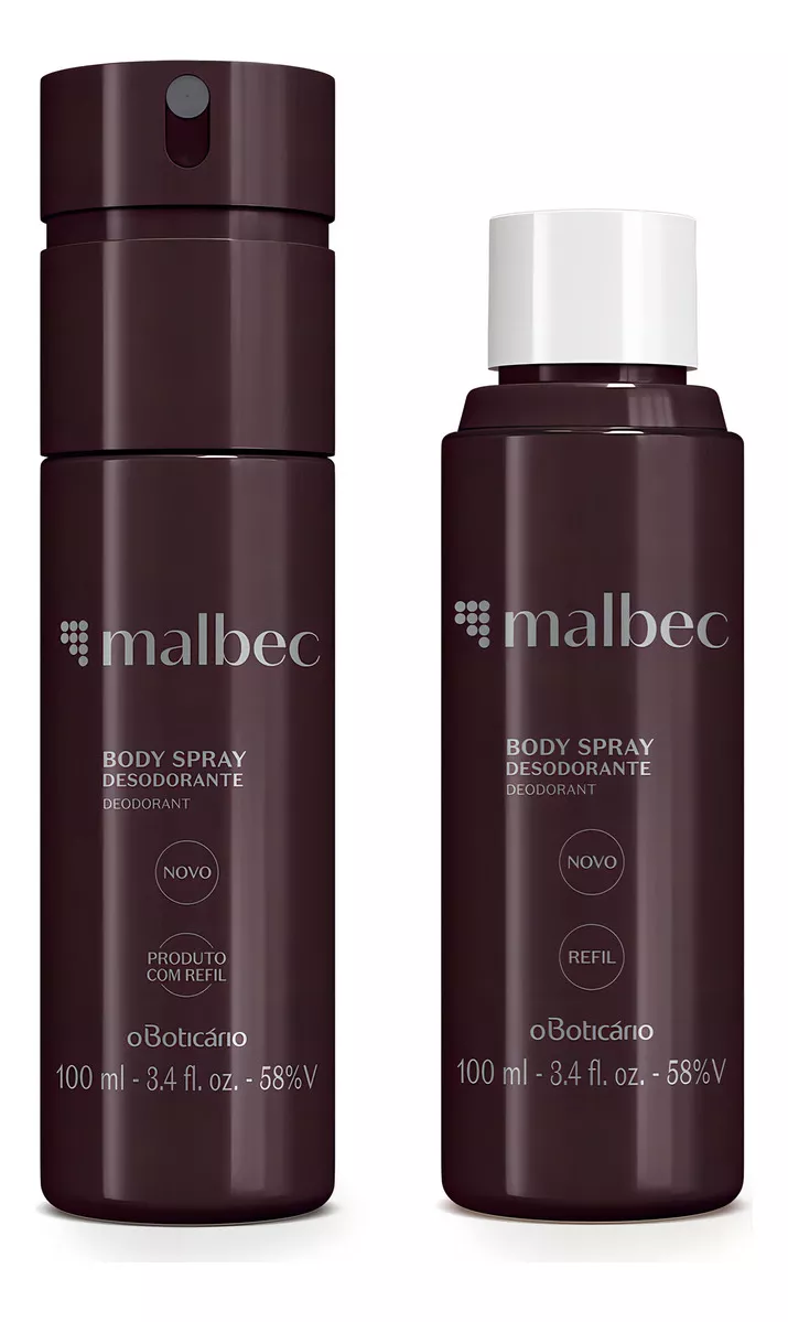 Kit Malbec Body Spray Desodorante 100ml + Refil 100ml Fragrância Malbec