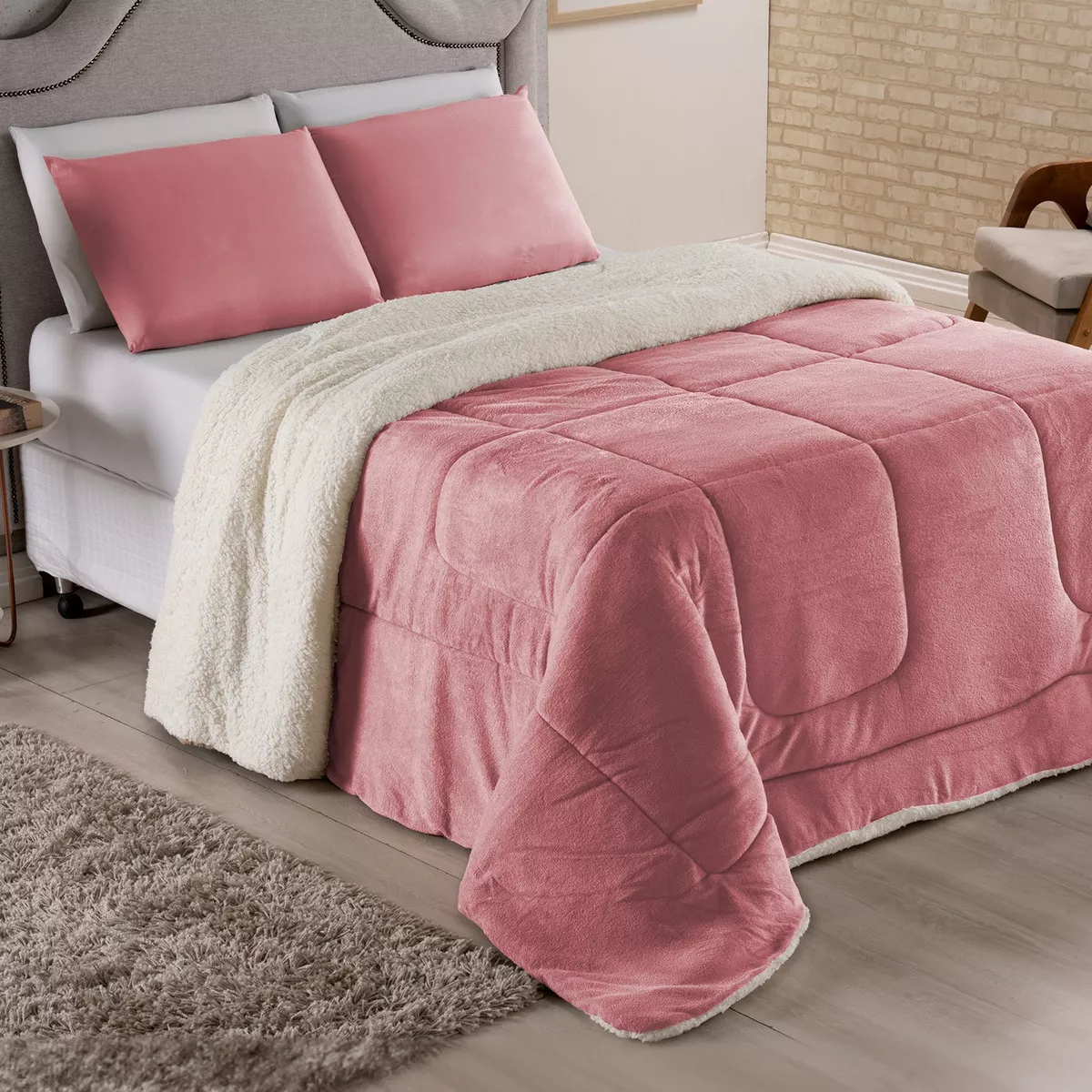 Coberdrom Casal Queen Size Cobertor Edredom Pele Carneiro (Rose)