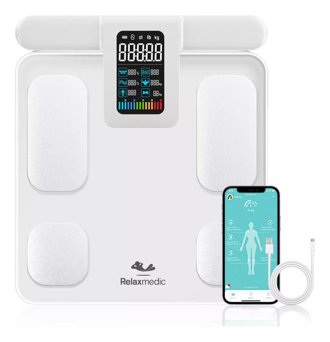 Balança Bioimpedância 8 Eletrodos Corporal Digital Bodyscan - Relaxmedic (Branco)