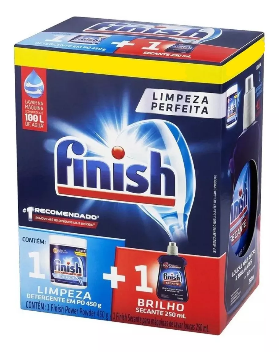 Finish kit 2 en 1 detergente em pó para máquina de lavar louças 450g e secante 250mL