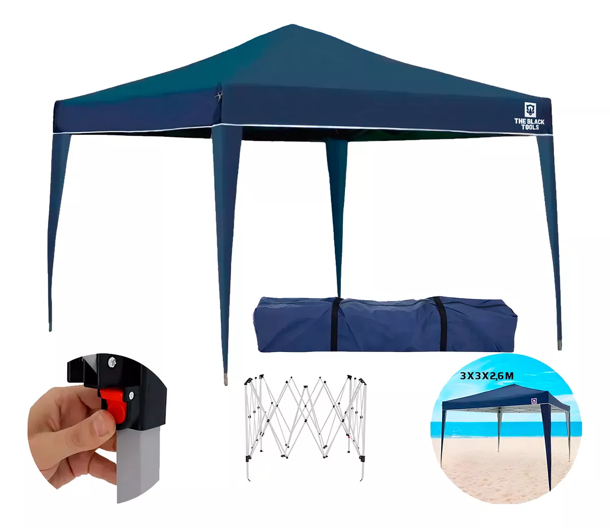 Tenda gazebo sanfonado articulada dobrável 3x3m com mala transporte The Black Tools