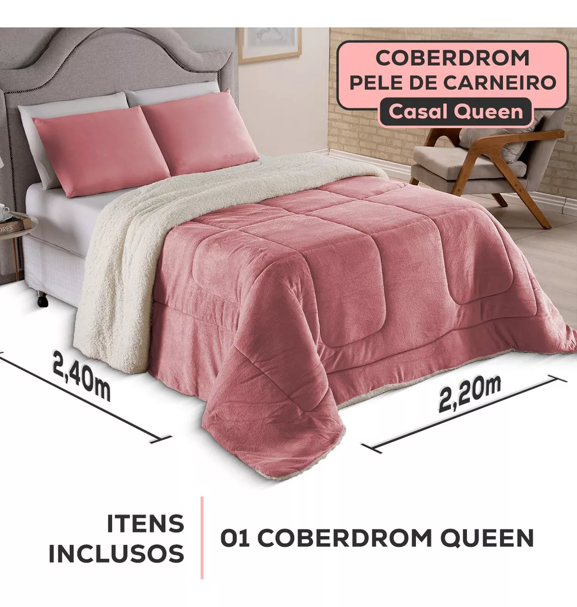 Coberdrom Casal Queen Size Cobertor Edredom Pele Carneiro (Disponível Em 2 Cores)