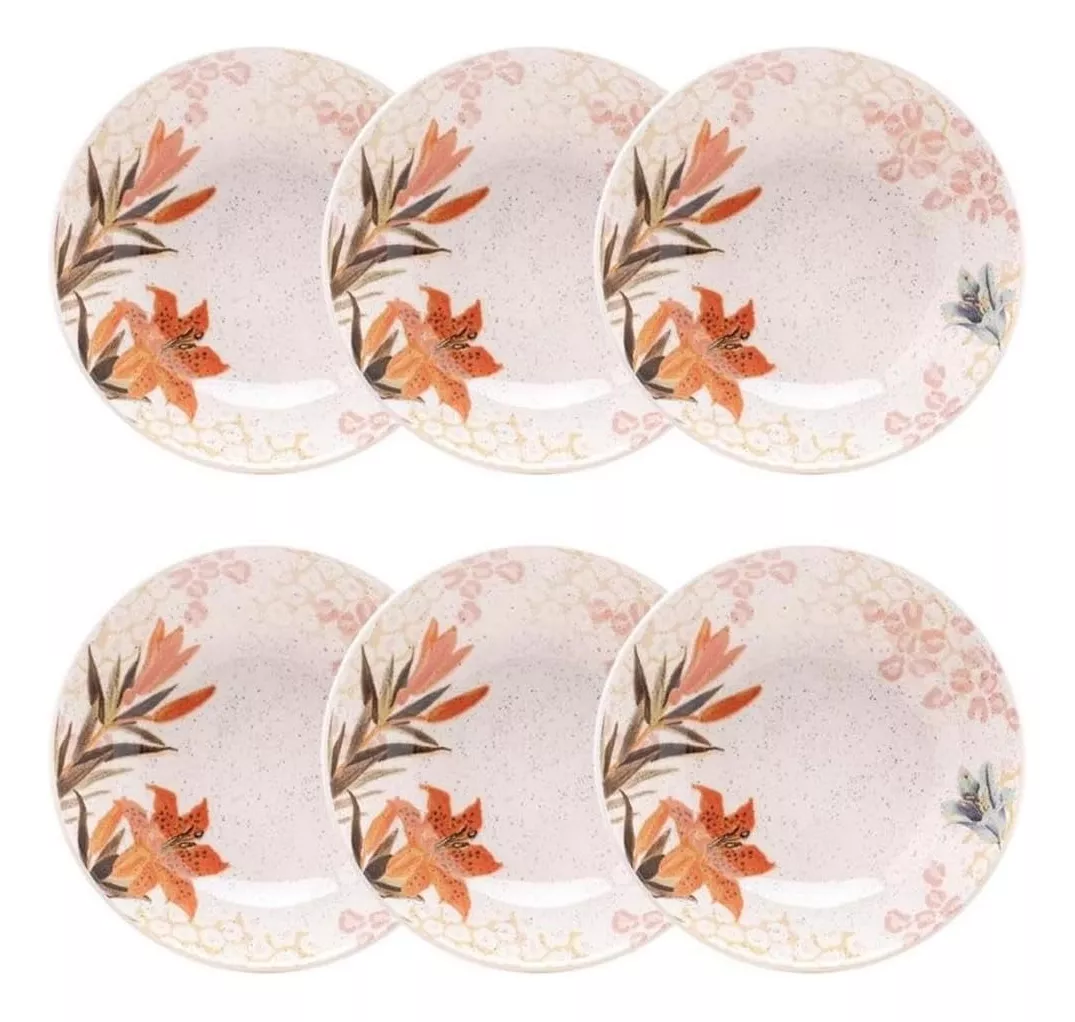 Conjunto 6 Pratos Fundos 20,5 Cm Unni Buquê Tropical Oxford Cor Diversas Floral e Geométrica