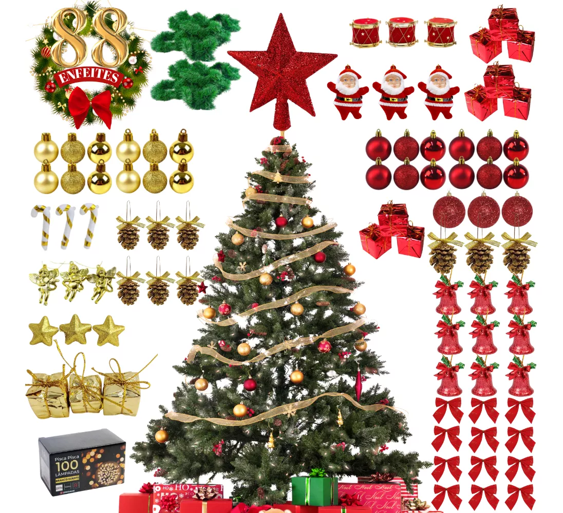 Kit Árvore Natal Grande 1,5m Decorada Completa Cheia Pisca