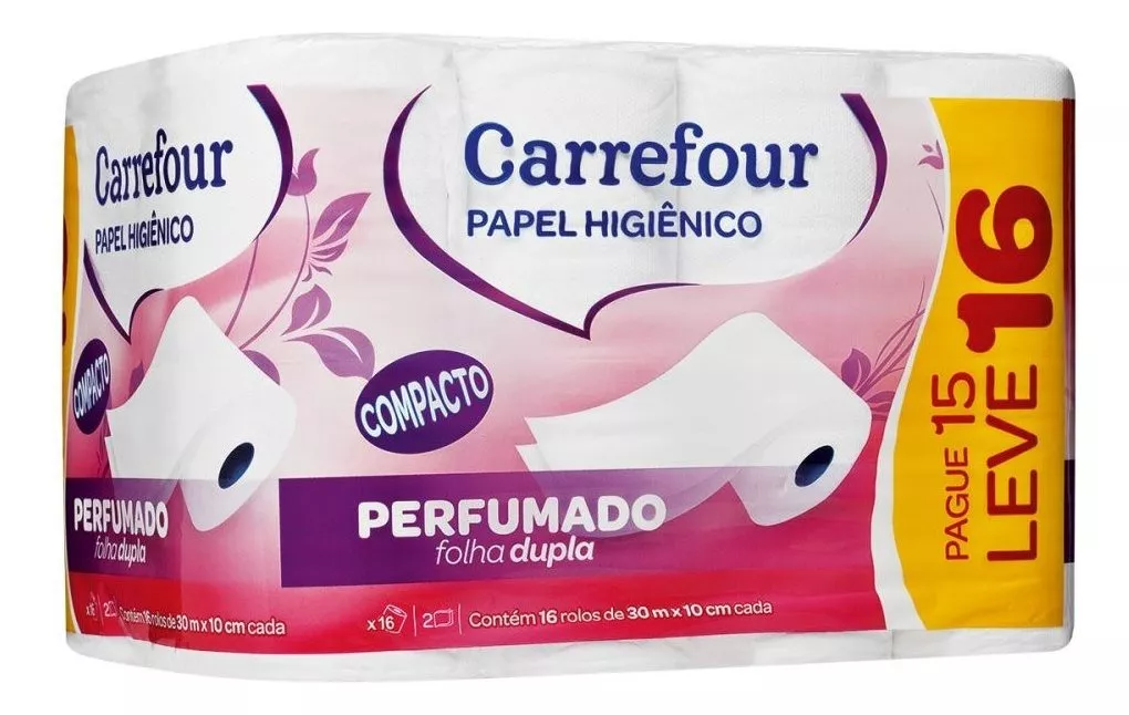 Papel Higiênico Folha Dupla 30m Carrefour Perfumado - 16 Unididades