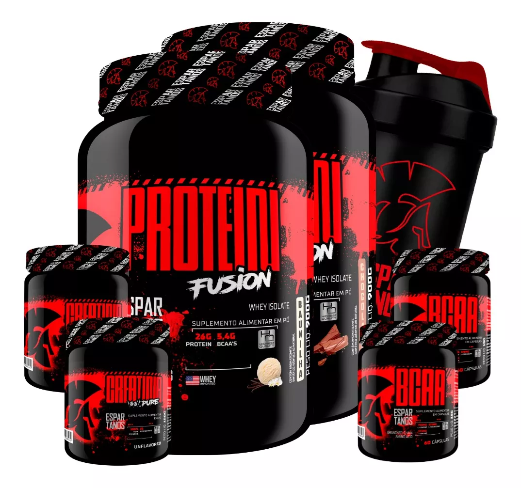 Combo Duplo Whey Fusion + 2x Bcaa + 2x Creatina + Shaker (Disponível em 6 Combinações de Sabores)