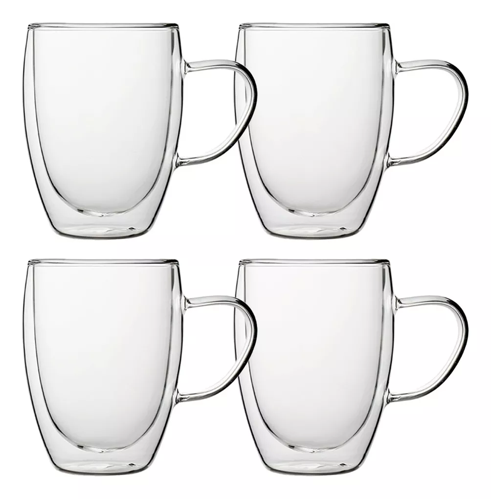 Conjunto De Caneca Grande Parede Dupla Vidro 350ml 4pçs Chá