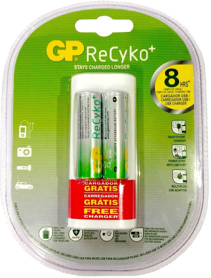 Pilha Recarregável Recyko AA 2Pcs, Carregador Portátil USB U211 Grátis em Blister, GP Batteries, GPRHOU211027, Branco
