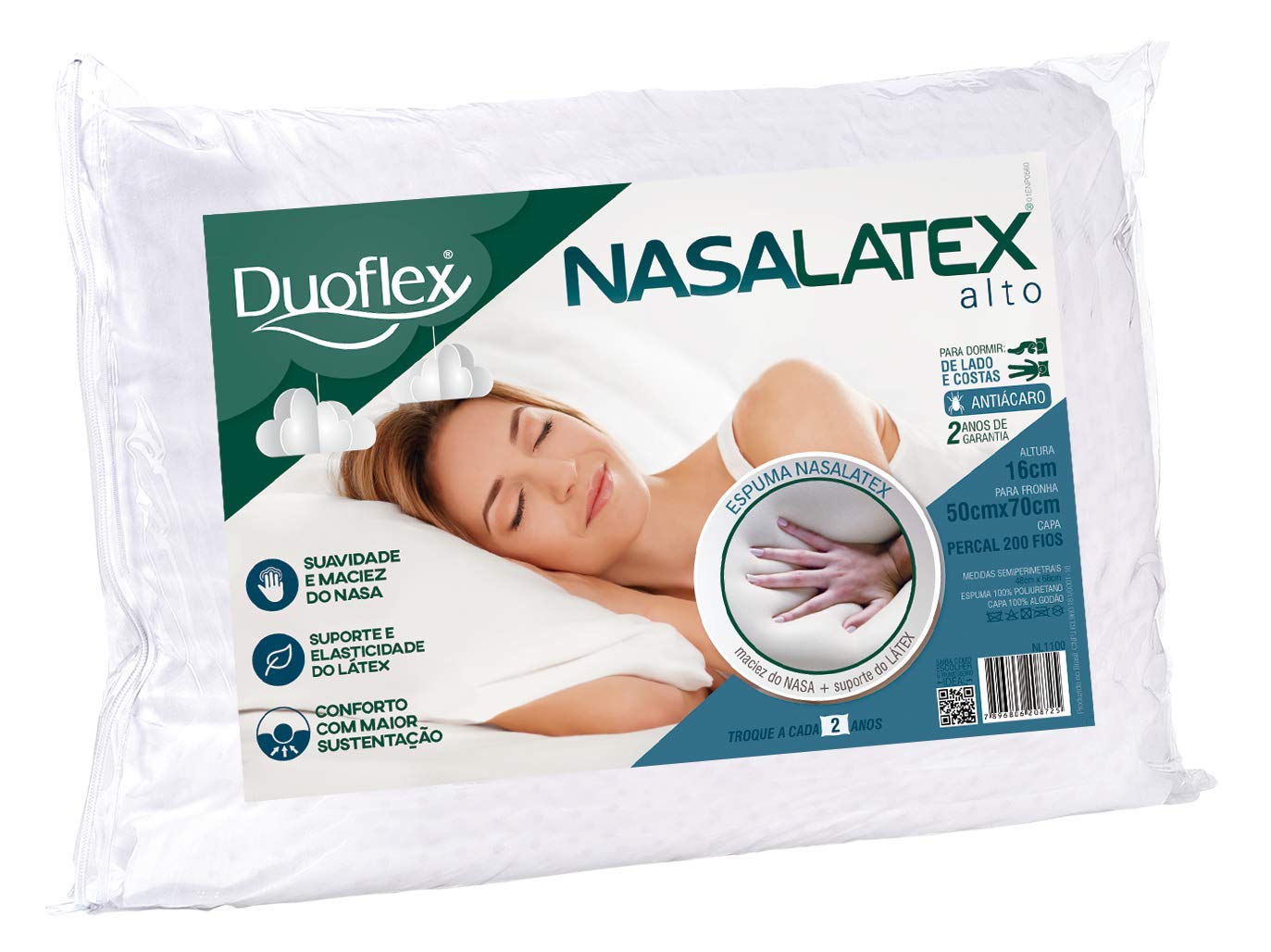 Travesseiro Nasalatex Alto, Duoflex, 100% Algodão, Branco, para Fronha 50Cmx70Cm