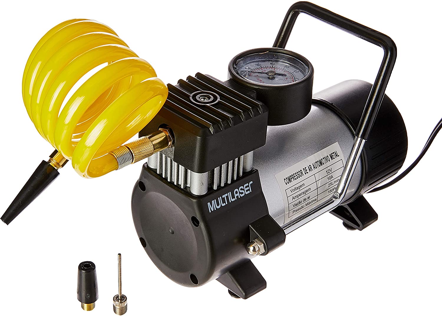 Compressor De Ar Automotivo Multilaser 12V Vazão 20L/Min Pressão De 100Psi Com 3 Bicos Preto - Au616