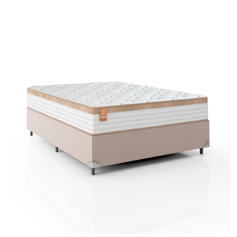 Cama Box Casal Colchão Molas Ensacadas Real 138x188x65cm Branco / Bege - Suporta até 130Kg Por Pessoa