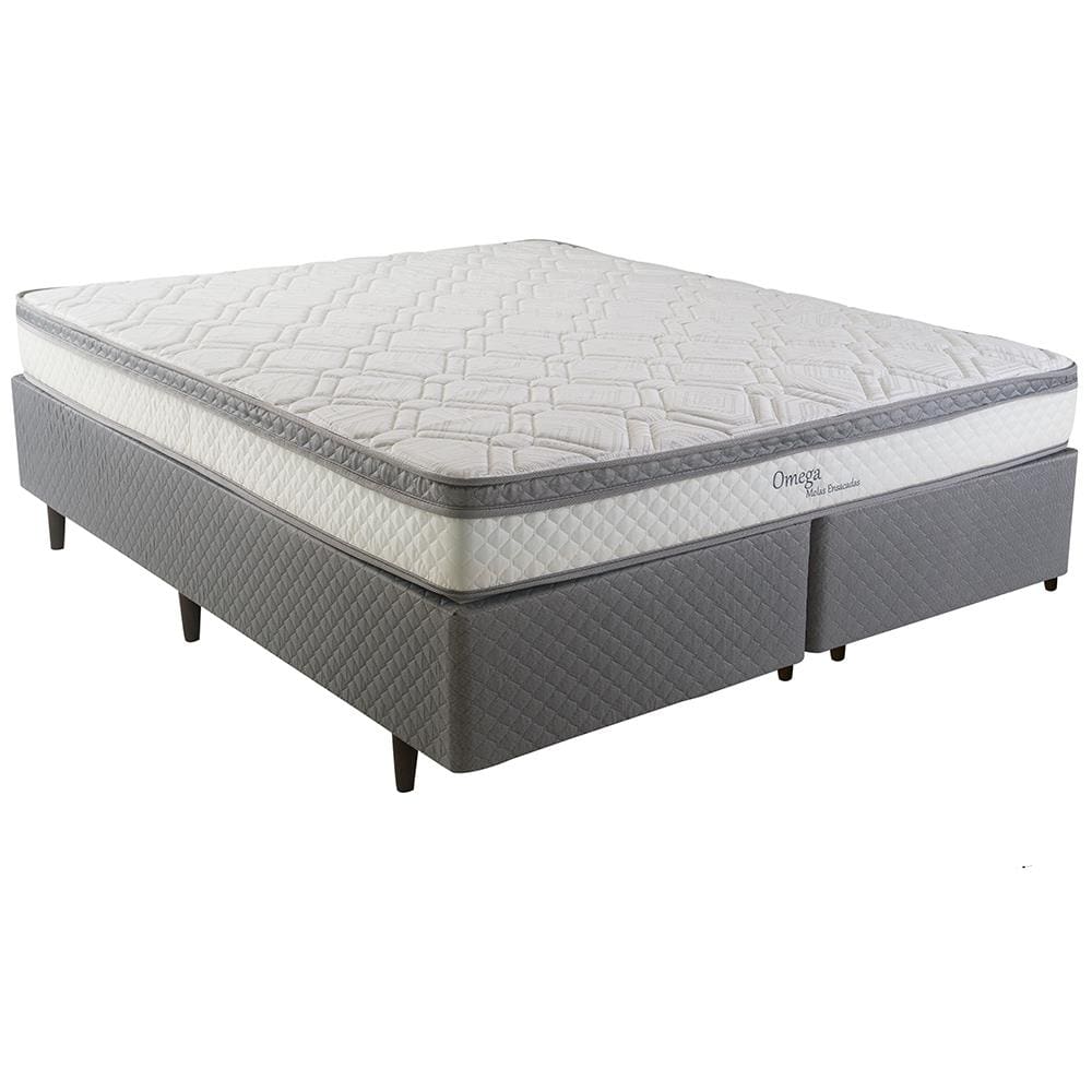 Cama Box Queen Size Herval Ômega com Pillow Top e Molas Ensacadas 60x158x198cm - Cinza/Branco