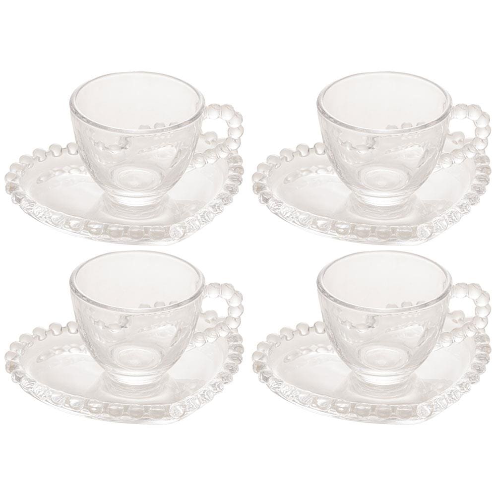 Conjunto com 4 Xícaras e Pires para Café Wolff Pearl Coração em Cristal - 85 ml