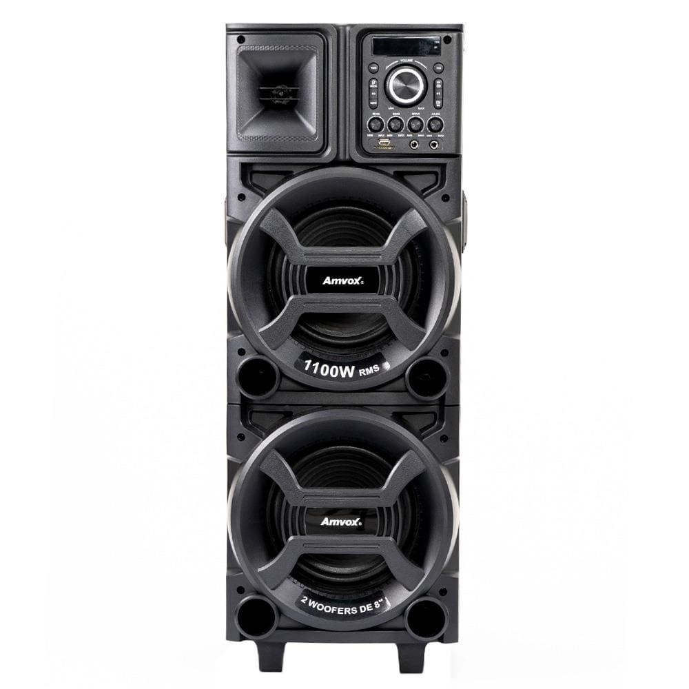 Torre de Som Amvox Duplo 8 Black ACA1101 com Luz de LED 2 Woofers de 8" Bluetooth Entradas UBS SD e Microfones - 1100W