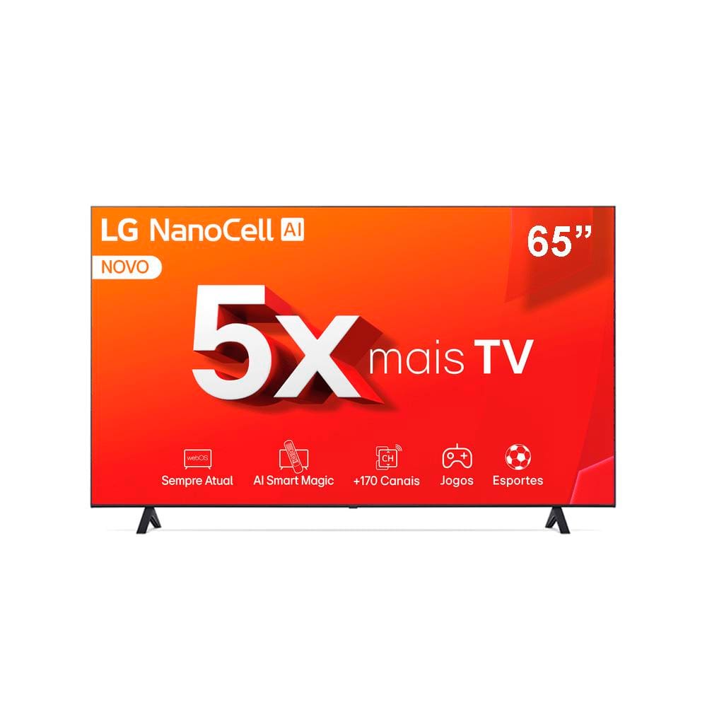 Smart TV 4K 65" LG NanoCell 65NANO80T com Processador a5 Ger7 AI, Hub de Esportes, Alexa/Chromecast integrado, webOS 24 e Controle Smart Magic