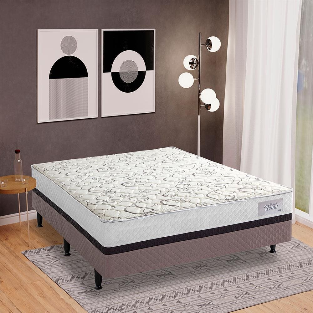 Cama Box Conjugada Casal Herval Roma Ortopédico com Espuma D20 e Tecido Poliéster 53x138x188 cm - Marrom/Bege/Branco