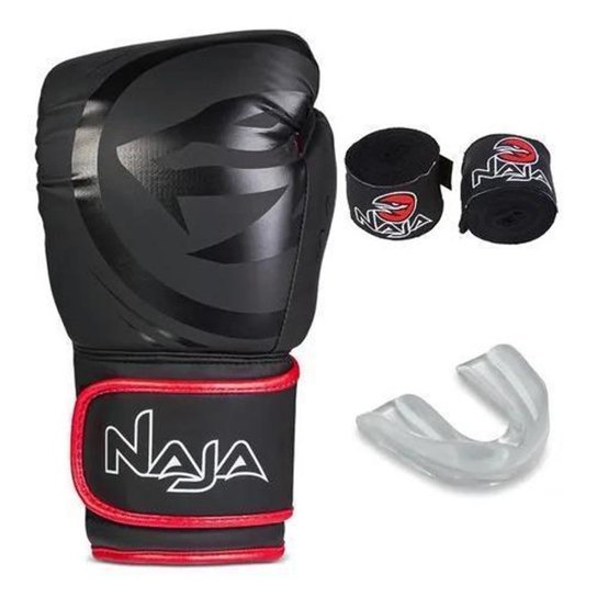 Kit Luvas Muay Thai Boxe Naja Preta e Vermelha 10 Oz - Colorido