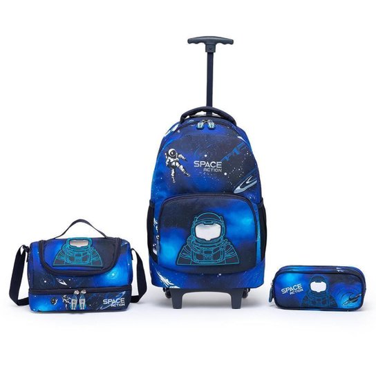 Kit Mochila de Rodinhas Infantil Escolar Guelph Astronauta Menino - Azul