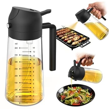 TrendPlain Pulverizador de azeite de oliva de vidro de 470 ml para cozinhar – Frasco dispensador de azeite 2 em 1 para utensílios de cozinha e