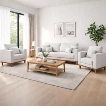 Kit 2 Poltronas Living + Sofá 3 Lugares Base Madeira Linho