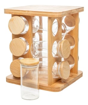 Cj 12 Potes Vidro Hermética Rack Giratório Bambu 120ml Wolff